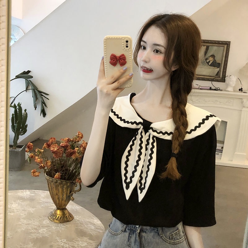 Áo thun ngắn tay cổ thủy thủ xinh xắn dành cho nữ