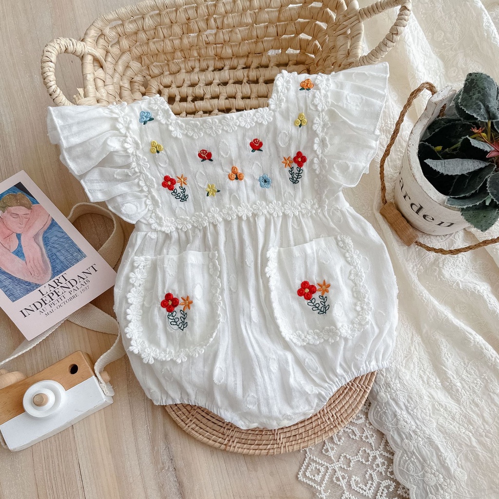 Bộ Áo Liền Quần Ngắn Tay Thêu Hoa Cho Bé Gái 0-2 Tuổi