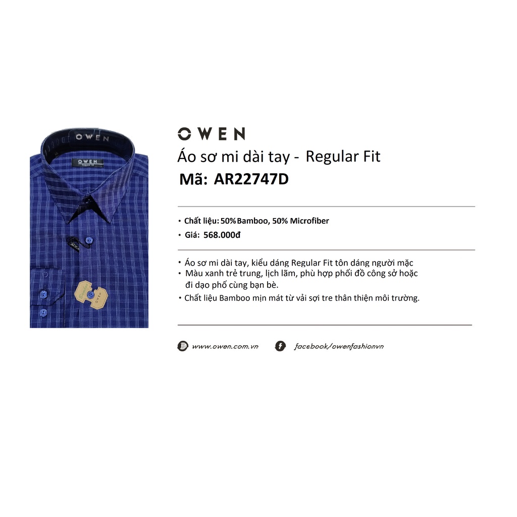 Áo Sơ Mi Nam Dài Tay Owen AR22747D Somi Công Sở Cao Cấp Màu Kẻ Caro Xanh Đậm Dáng Suông Không Túi Chất Sợi Tre Mềm Mát