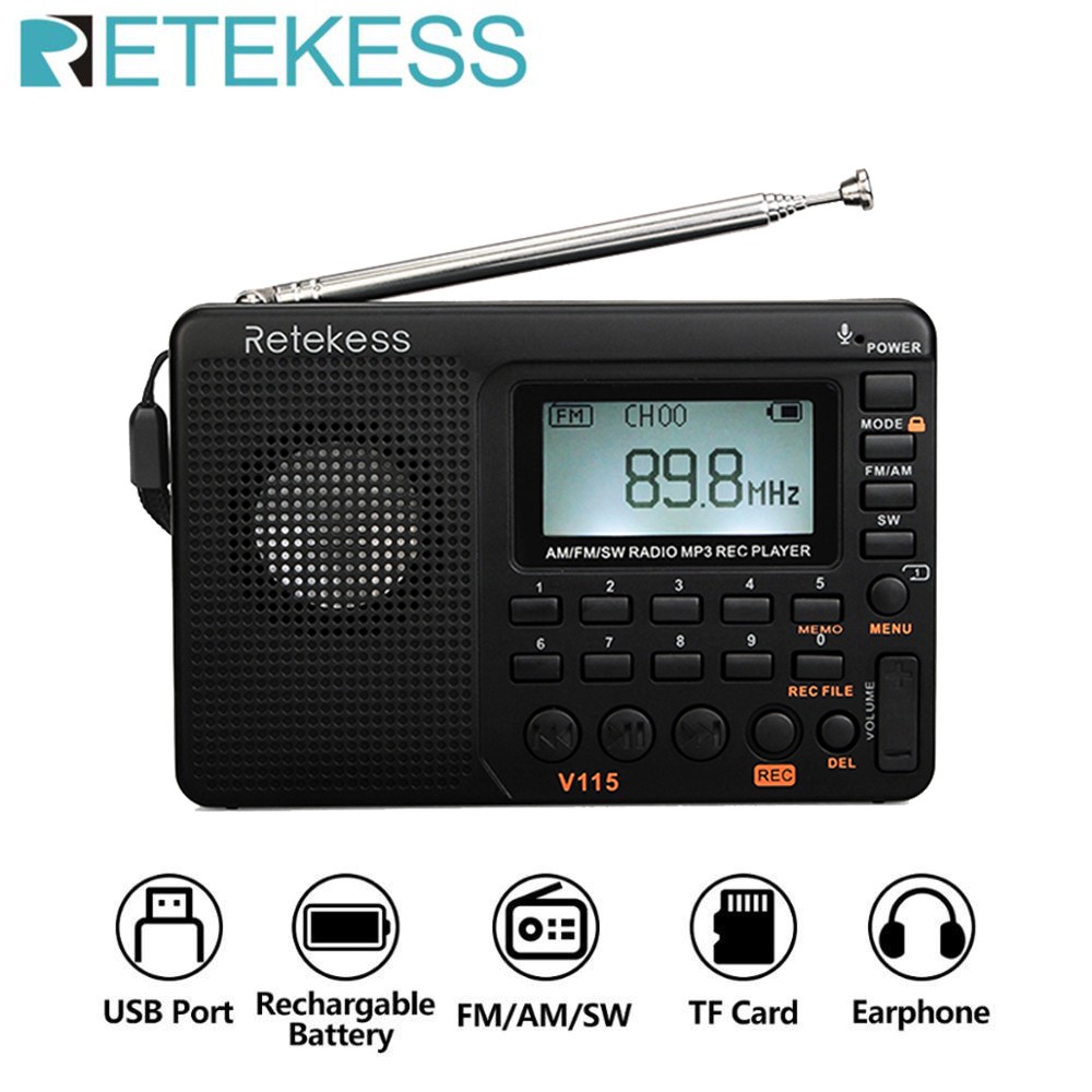 Đài phát thanh RETEKESS V115 kiêm máy nghe nhạc MP3 sóng ngắn hỗ trợ thẻ Micro SD/ TF