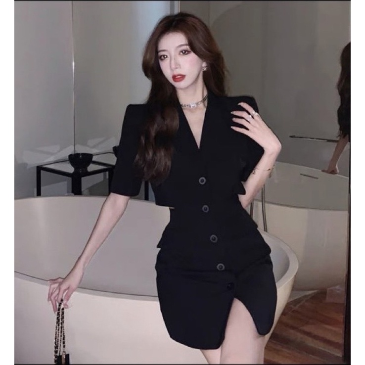 ĐẦM ĐEN CỔ VEST KHOÉT EO MS80
