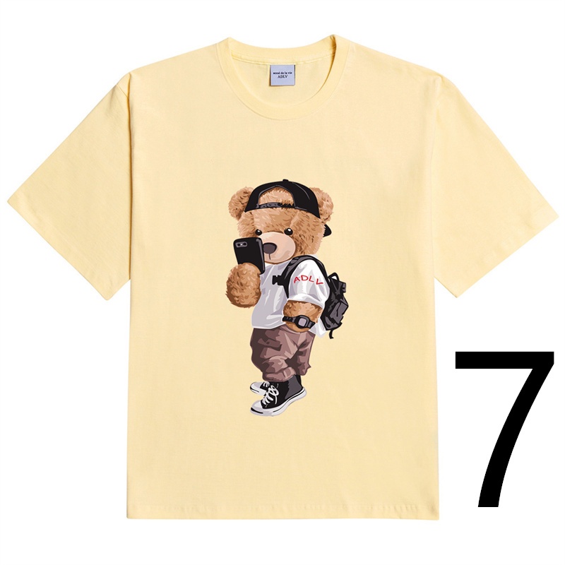 Áo thun ADLV vải cotton ngắn tay dáng rộng in hình gấu cổ điển phong cách unisex 7 màu tùy chọn