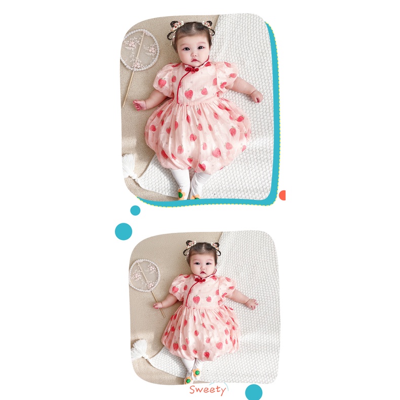 Bộ Áo Liền Quần Tay Ngắn In Hình Dâu Tây Dễ Thương Phong Cách Trung Hoa Cổ Điển Thời Trang Cho Bé Gái Sơ Sinh 2701 2054