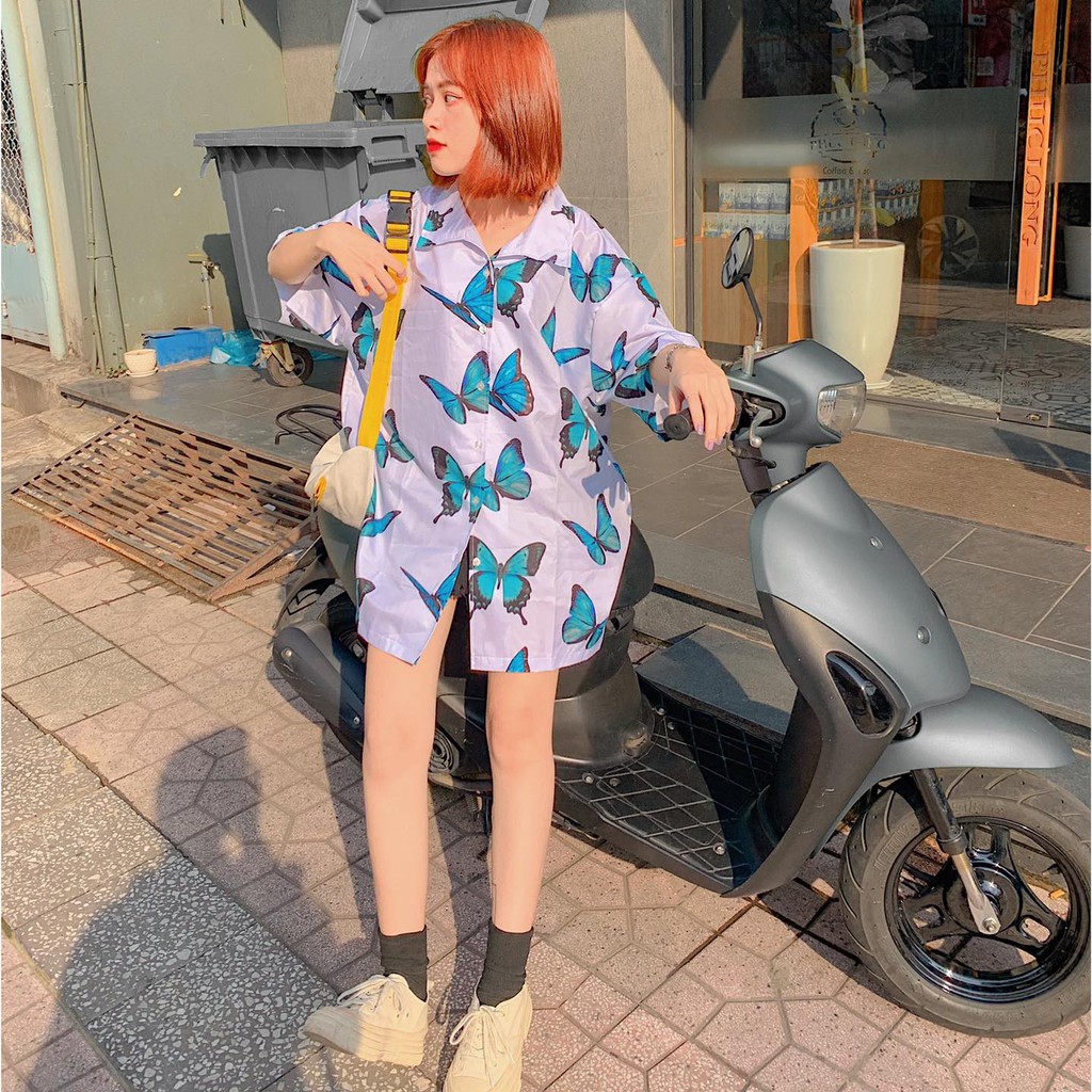 Áo Sơ Mi Tay Lỡ In Họa Tiết Bướm Xanh ZOOZOO