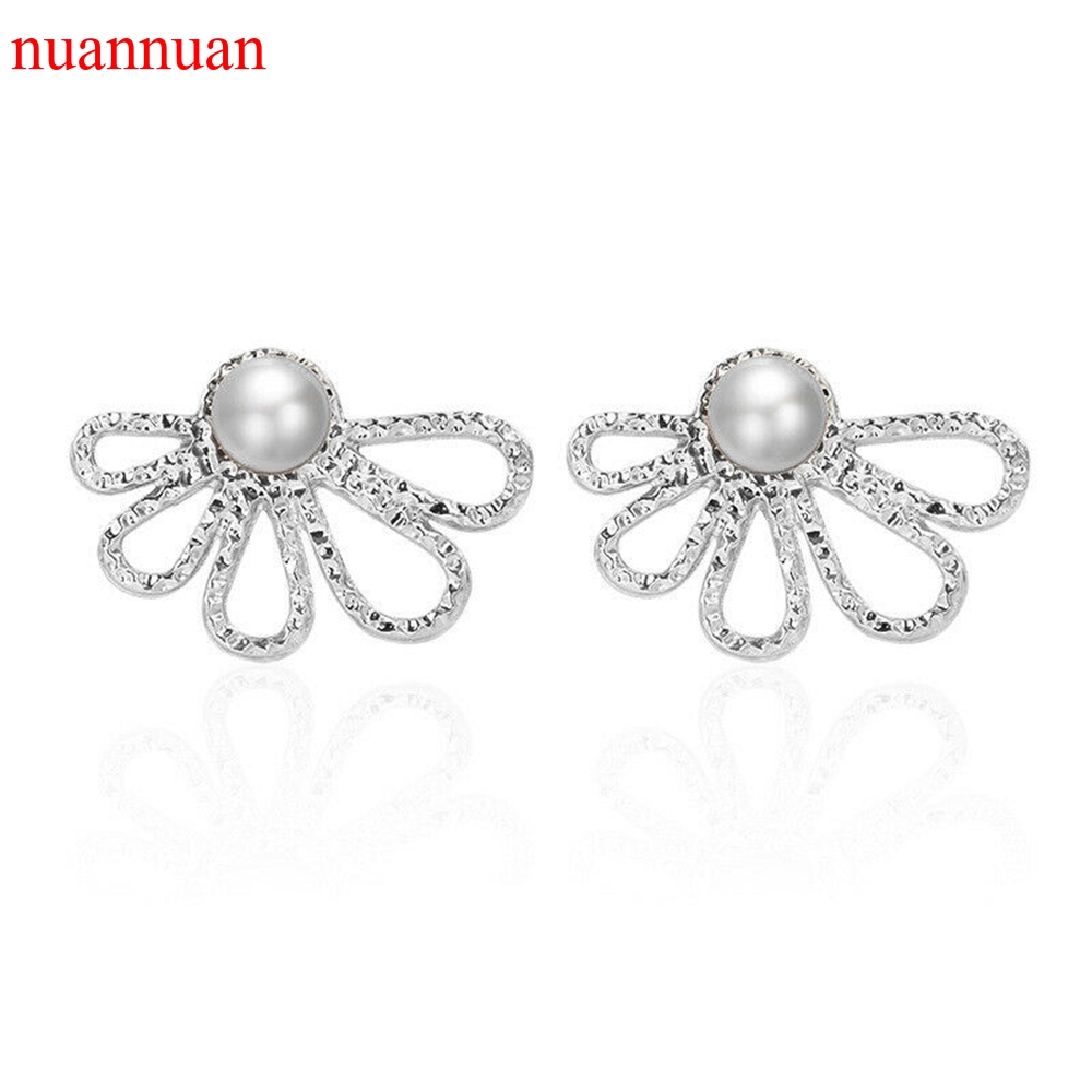 Fashion Pearl Ear Stud Gold Silver Hollow Lotus Flower Earrings Jewellery