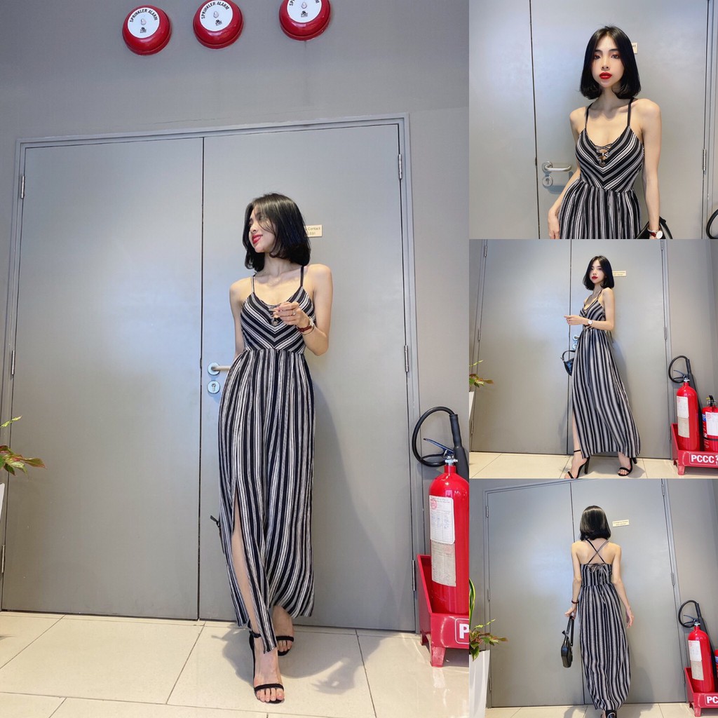 Đầm Maxi Sọc Đan Dây Ngực
