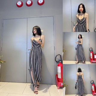 Đầm maxi sọc đan dây ngực