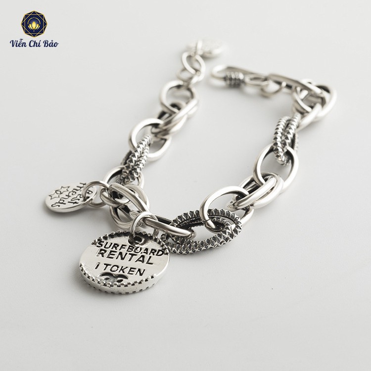 Lắc tay bạc nữ VIỄN CHÍ BẢO xích charm tròn khắc chữ chất liệu bạc thái - L400546