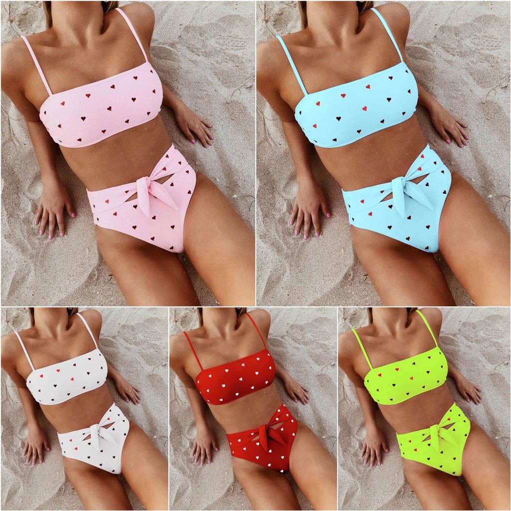 ❦woharyday❦Sexy Women Love Printed Bow Knot Bikini Push-Up Padded Swimwear Swimsuit Set