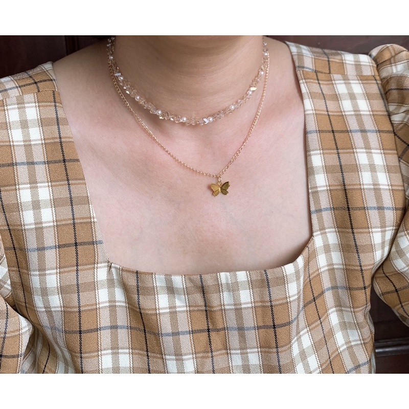 Vòng cổ handmade hạt pha lê ánh vàng mix hạt trai