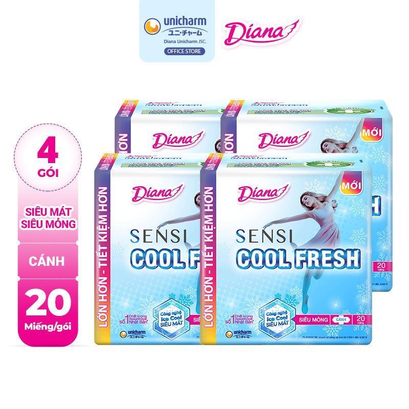 [TẶNG KÈM 4M] Bộ 4 gói Băng vệ sinh Diana SenSi Cool Fresh siêu mỏng cánh gói 20 miếng GÓI TIẾT KIỆM