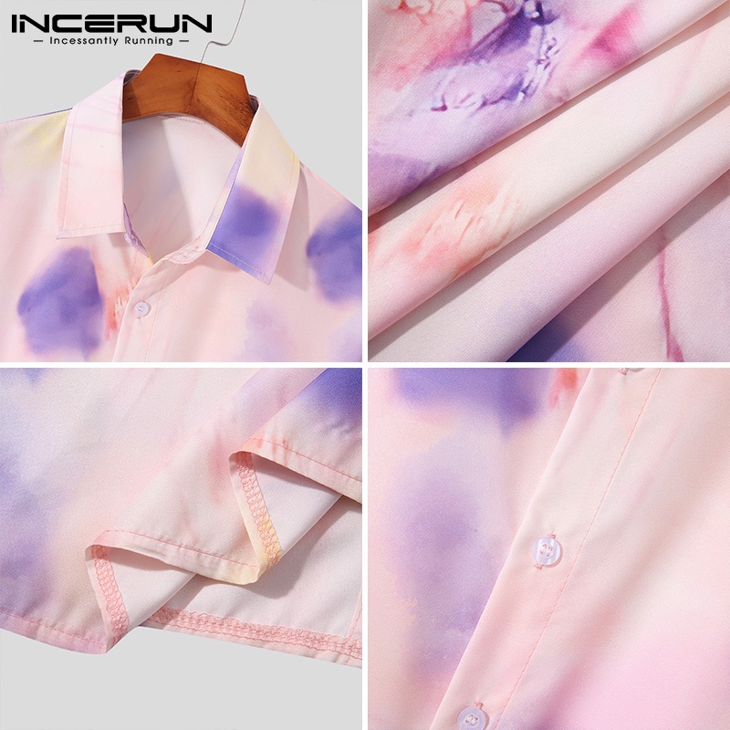 Áo sơ mi INCERUN tay dài cổ bẻ nhuộm màu loang thời trang dành cho bạn nam