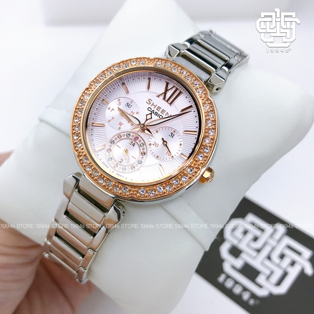 Đồng hồ nữ Casio SHE-3061 / SHE-3061SG-4A đính đá pha lê Swarovski, chống nước 50m, size 36mm, hàng chính hãng