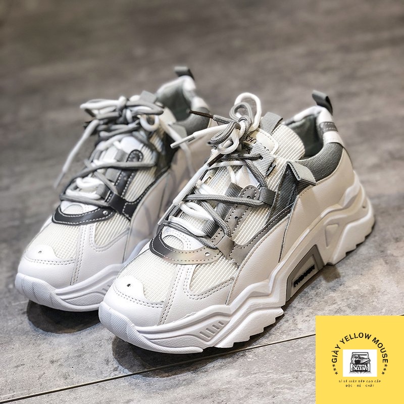 Giày thể thao nữ sneaker YC vải thoáng khí phối da viền phản quang dây kép màu trắng xám/đen