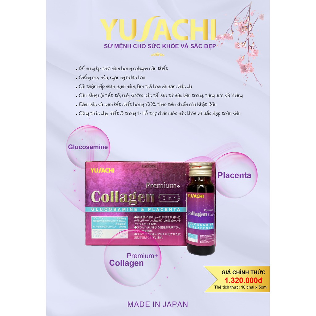 Nước uống Collagen cao cấp Yusachi Premium + 3 in 1 hỗ trợ xương chắc khỏe, cho làn da mịn đẹp sáng hồng tự nhiên 500ml
