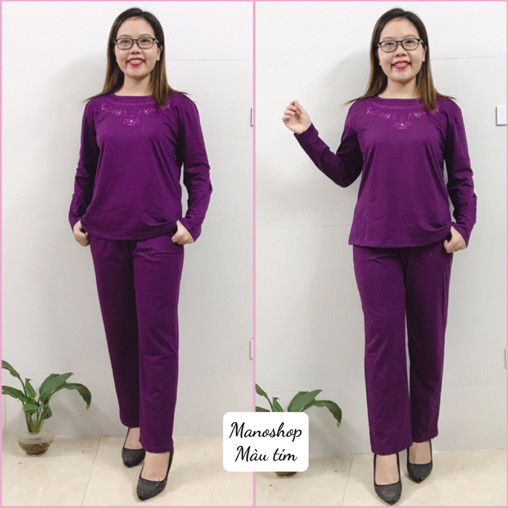 Bộ Mặc Nhà Trung Niên Thu Đông Chất Cotton Dài Tay- Bộ Mặc Nhà Cho Mẹ Cho bà Hình Thêu