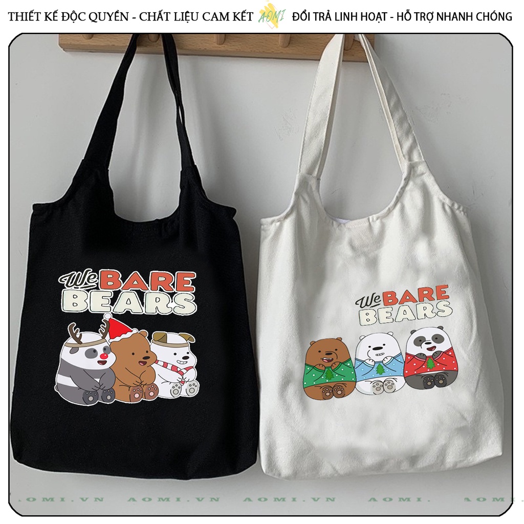 TOTE CANVAS Kawaii 3 chú gấu we are bear FORM TRÒN TÚI VẢI ĐEO VAI BAG NÚT BẤM SIZE LỚN AOMIVN DU LỊCH DẠO PHỐ CÁ TÍNH