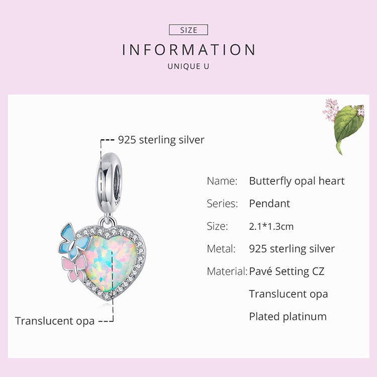 Hạt trang sức Bamoer SCC2101 bạc 925 hình trái tim bướm đính đá opal thời trang tự làm vòng tay