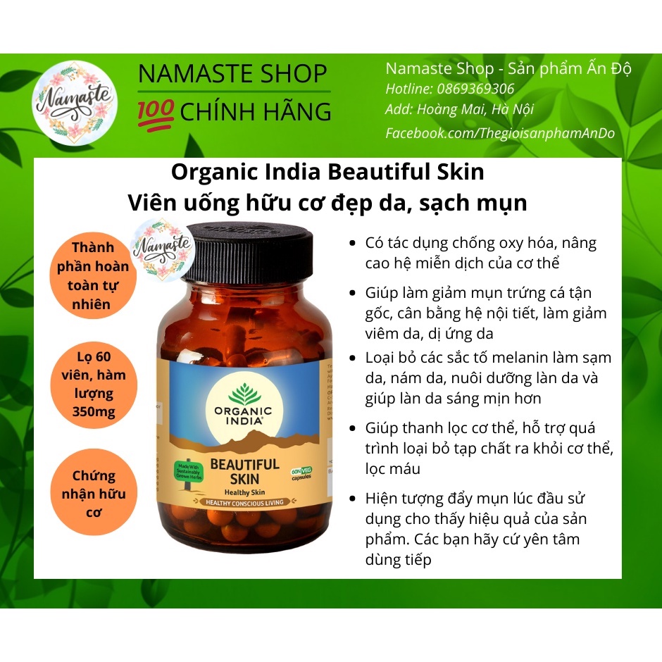 Viên Uống Hữu Cơ Đẹp Da, Sạch Mụn -  Organic India Beautiful Skin