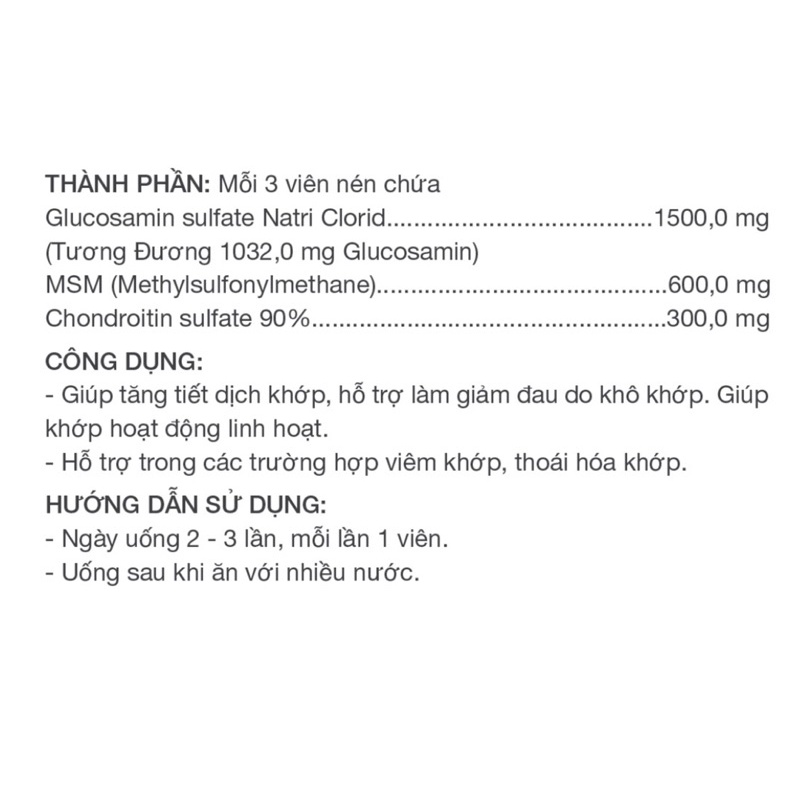 Viên uống Glucosamin chondroitin plus MSM tiết dịch khớp, giảm khô khớp