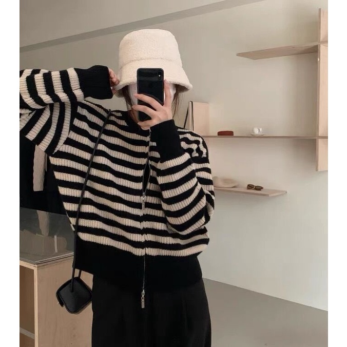 Áo cardigan mỏng sọc kẻ có khóa kéo phong cách phương tây thời trang mùa thu cho nữ