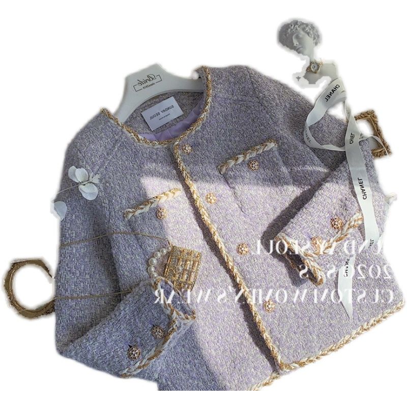 Chủ Nhật seoul / Áo Khoác Ngắn Vải Tweed Màu Tím Oải Hương Hoa Oải Hương Có Dây X