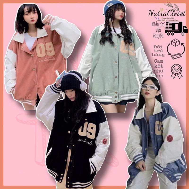 Áo khoác bomber bóng chày cổ sơmi nhung gân 2 lớp thêu số 09 unisex ulzzang nam nữ