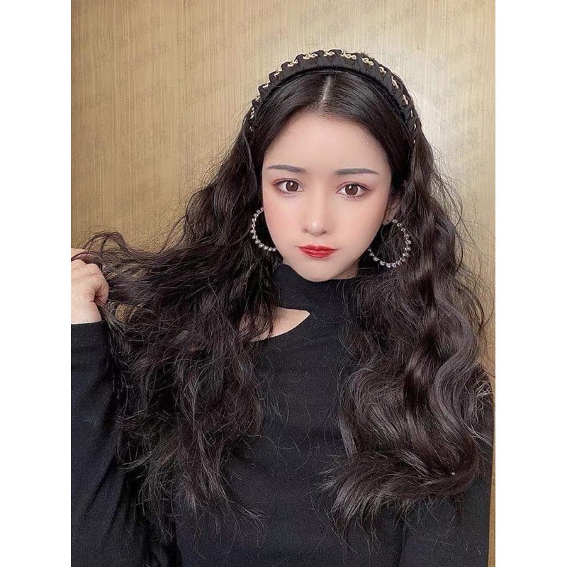 Siêu Phẩm băng đô xích đen phối tóc xù sóng nước nửa đầu - kèm Hình thật.