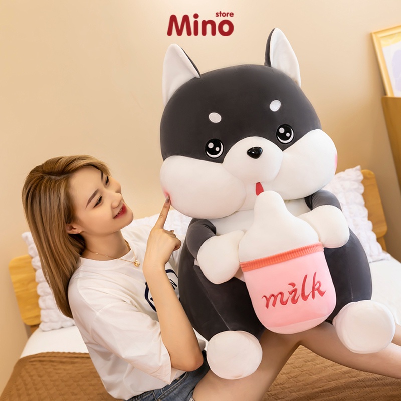 Gấu Bông Chó Husky Ôm Bình Sữa Cute Dễ Thương Mino Mềm Mại Ôm Ngủ Mềm Mịn 70cm TH76