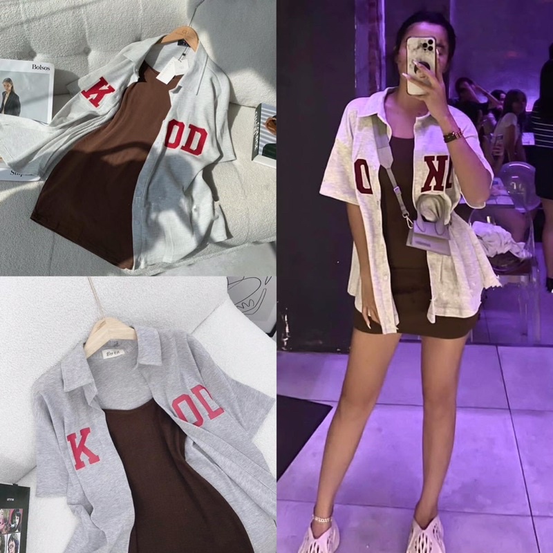 set đầm body 2 dây nâu kèm áo sơ mi tay ngắn khoác ngoài cá tính hàng chuẩn mẫu mặc