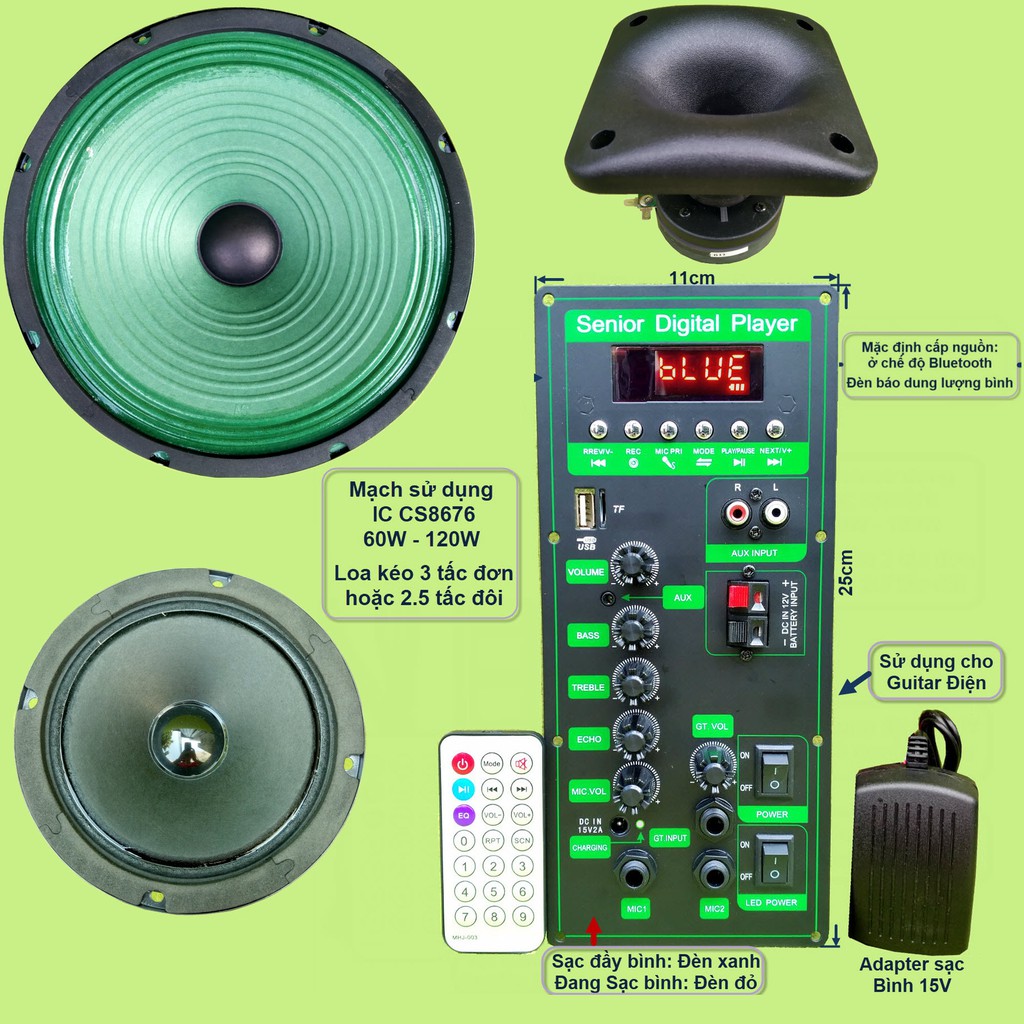 Mạch loa kéo 3 tấc đơn 3 đường tiếng CS8676 công suất 120W kèm Bass 3 tấc màng xanh
