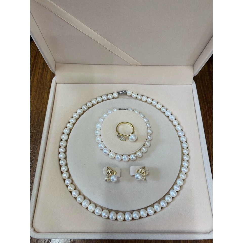 Bộ trai thật tự nhiên nước ngọt 10li trắng gồm vòng cổ, vòng tay, bông tai, nhẫn Free size trai tuyển bóng đẹp