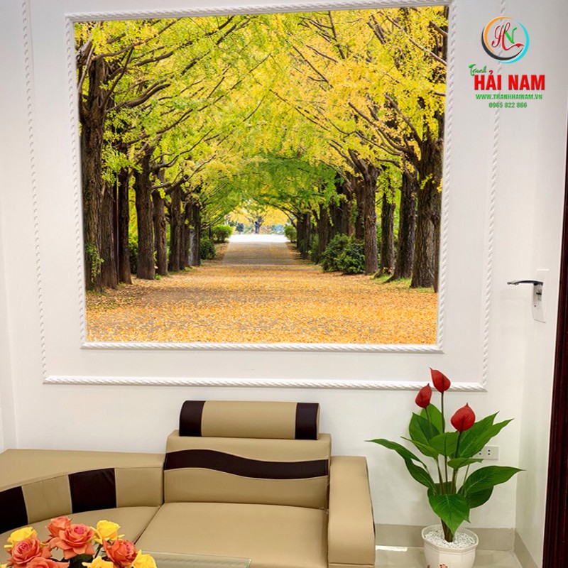 Tranh dán tường 3D mùa thu vàng con đường - vải lụa phủ kim sa