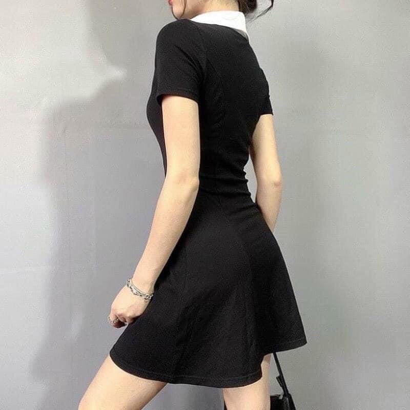 Váy thun polo cổ đức bẻ viền trắng body dáng ôm - Đầm nữ thun tăm cộc tay phong cách retro hàn quốc đẹp ulzzang - ZADOLA