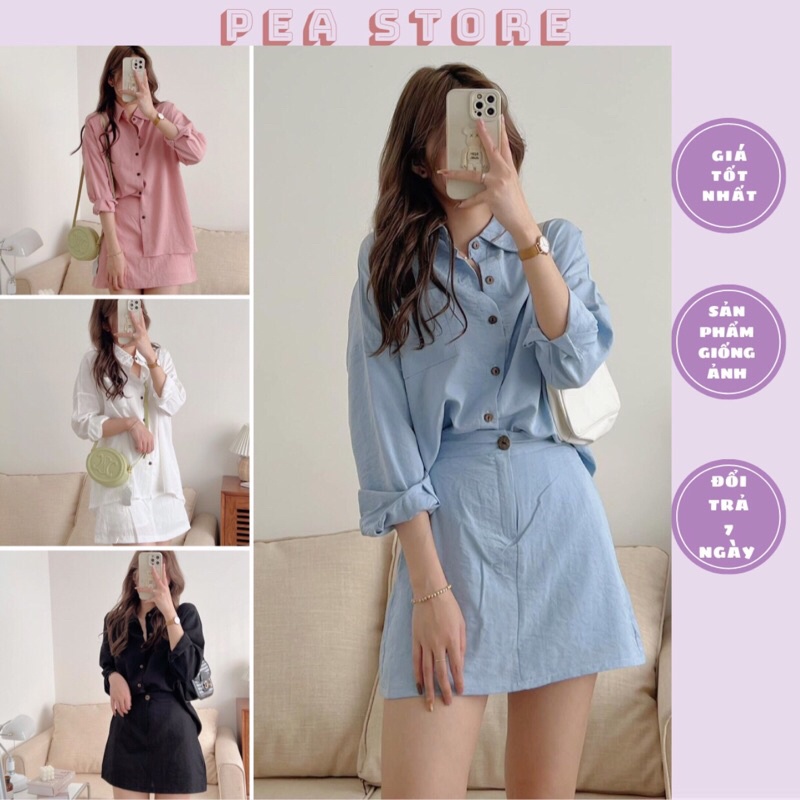 Set áo sơ mi túi ngực kèm chân váy chữ A chun lưng chất đũi nhật Pea Store (Ảnh thật)