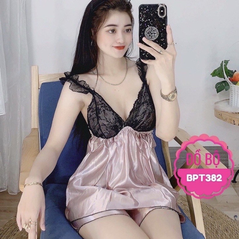 Đồ ngủ sexy nữ bigsize (SIZE 40-80KG)/ Đồ ngủ 2 dây viền ren đen không mút, chất phi mịn quyến rũ 382 | BigBuy360 - bigbuy360.vn