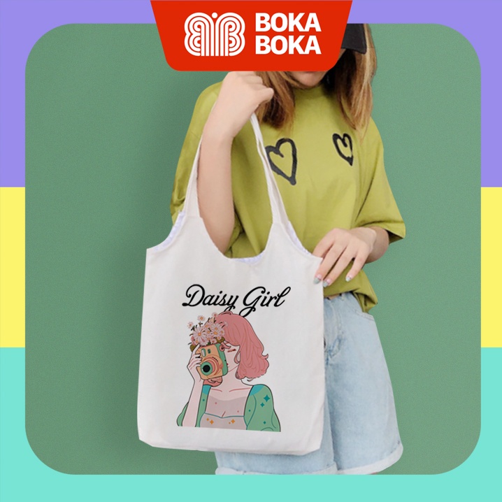 Túi tone quai tròn vải canvas Cô Gái 2 có khóa kéo