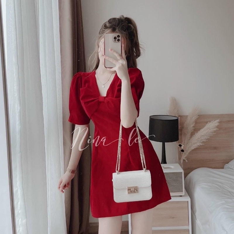 Váy Nhung Đỏ Cổ Nơ 60-90kg