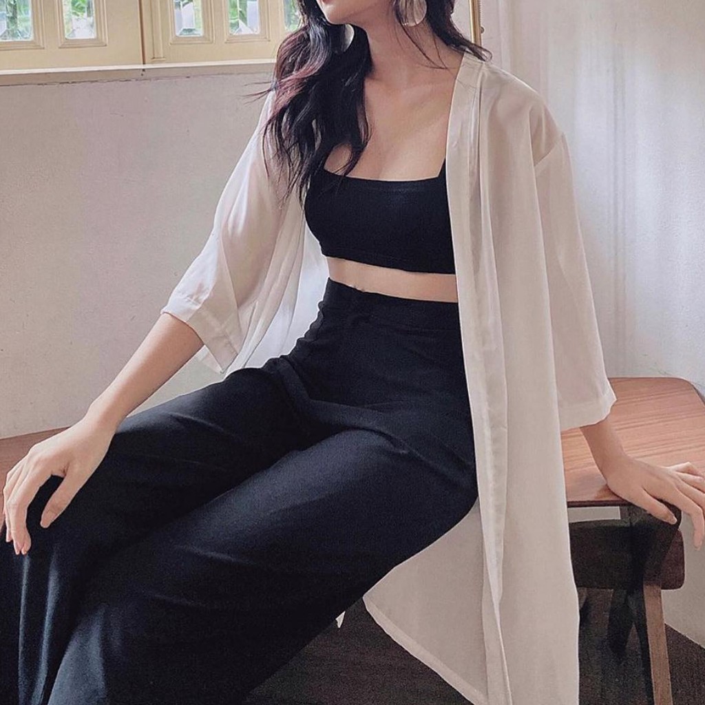 Áo Nữ Đi Biển Kimono Basic CaoCaobycaochen 2 Màu Đen Trắng Có Bigsize