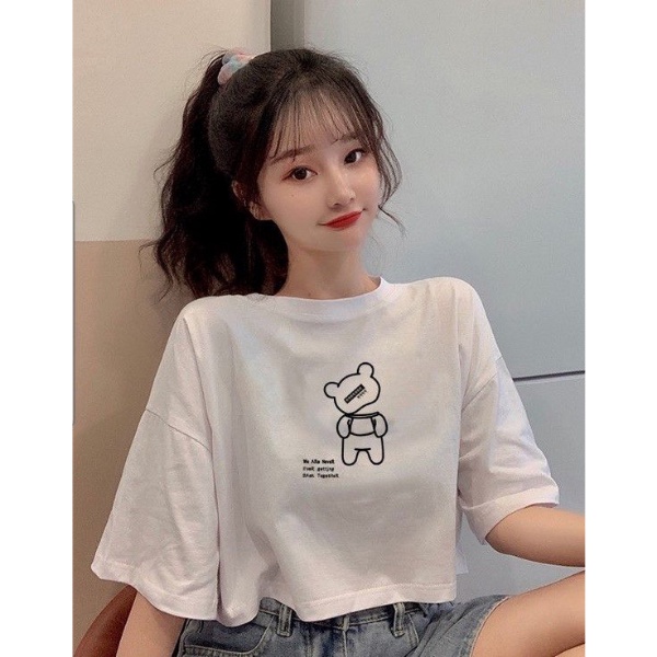 Áo thun nữ Croptop in hình gấu máy dễ thương, form rộng, chất vải cotton dày dặn co giãn 4 chiều, thấm hút mồ hôi mát mẻ
