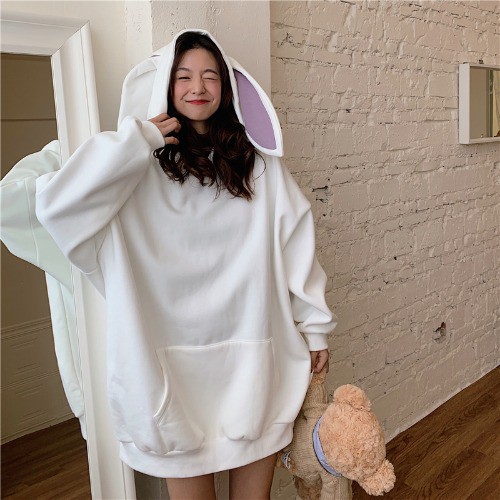 Áo Hoodie Nỉ Tai Thỏ 🌺 Áo Sweater nữ form rộng có mũ tai thỏ Bunny 2 màu TRẮNG | HỒNG style Korea Ulzzang SIÊU HOT 🌺 | BigBuy360 - bigbuy360.vn