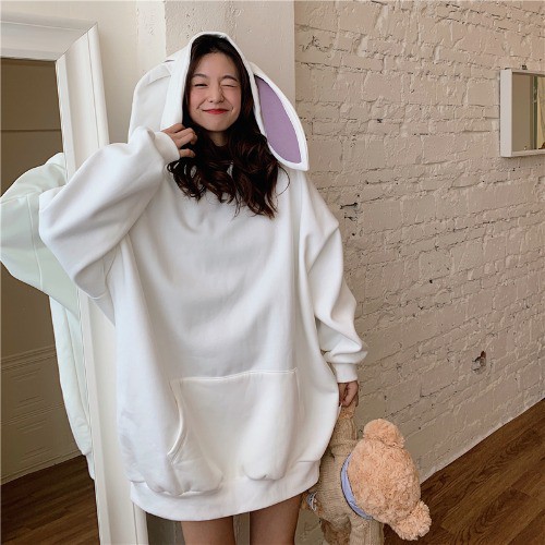 Áo Hoodie Nỉ Tai Thỏ 🌺 Áo Sweater nữ form rộng có mũ tai thỏ Bunny 2 màu TRẮNG | HỒNG style Korea Ulzzang SIÊU HOT 🌺 | BigBuy360 - bigbuy360.vn