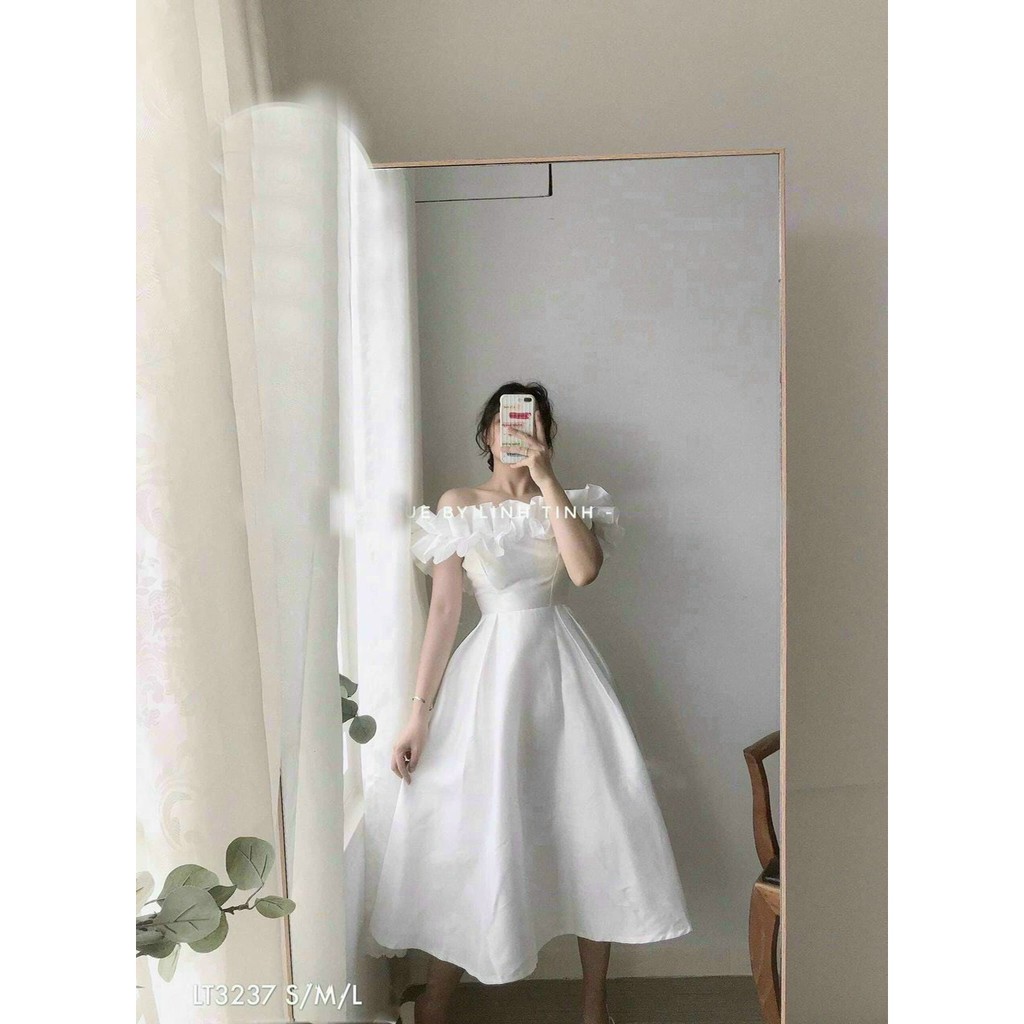 Đầm midi trắng bẹt vai nhún bèo  KÈM ẢNH THẬT  BAO KIỂM ❌