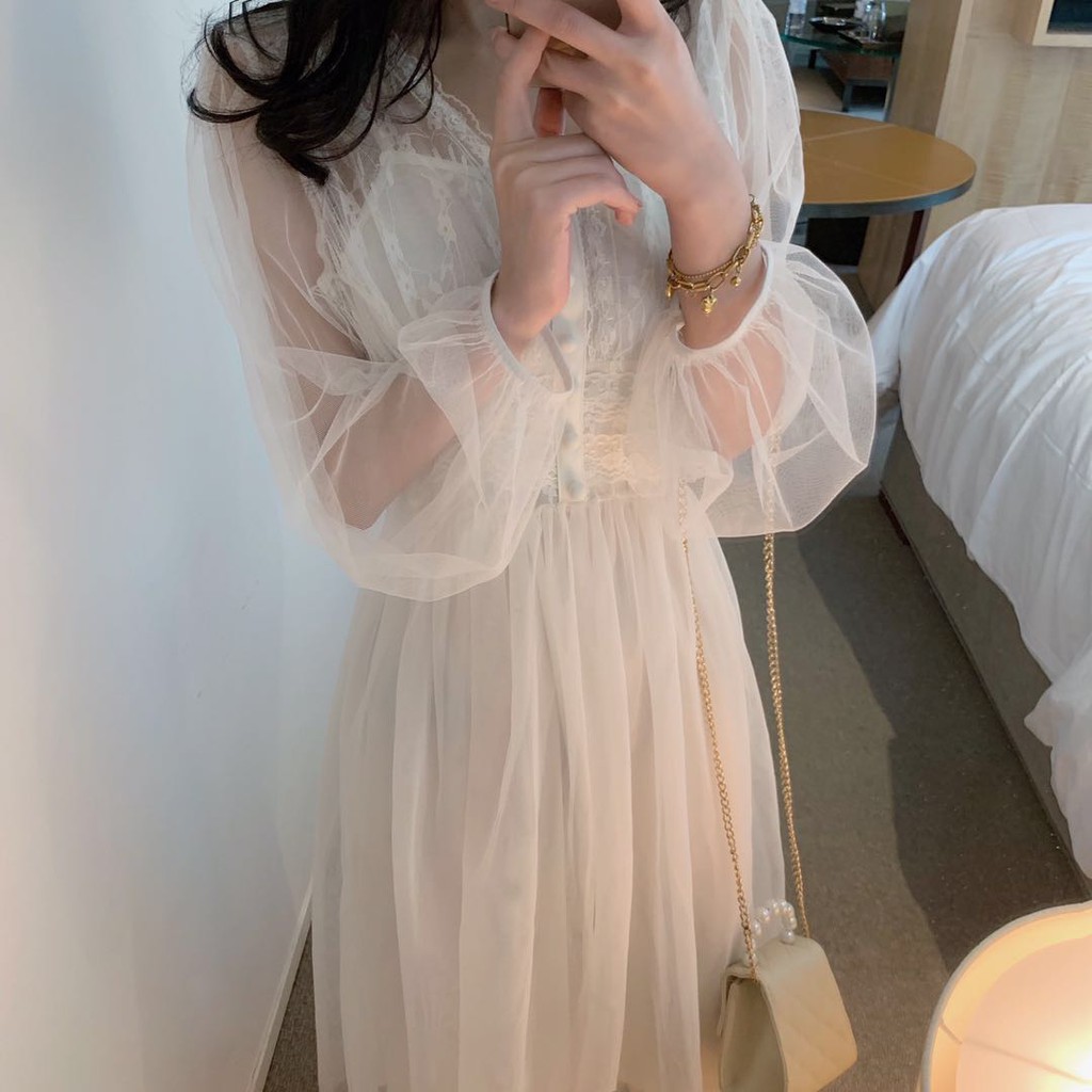 [ORDER-ảnh thật] Set đầm maxi tiểu thư ulzzang dài tay phối ren - u.w hottrend hottrend 2019