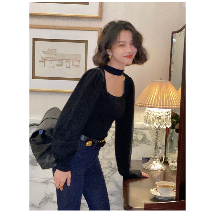 COZOK Áo sweater Tay Dài Cổ Vuông Form Ôm Phong Cách retro Hong Kong