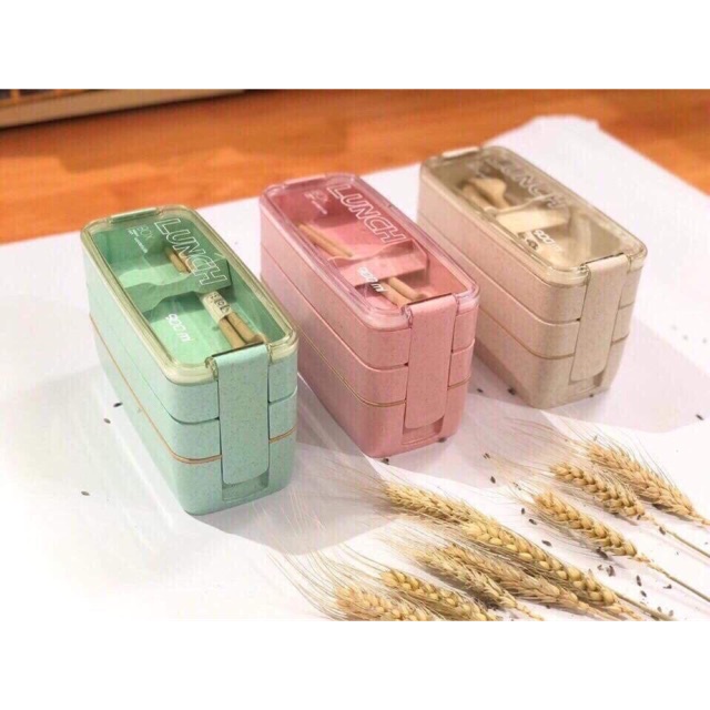 Hộp cơm văn phòng 3 tầng bằng chất liệu lúa mạch rất an tâm khi sử dụng