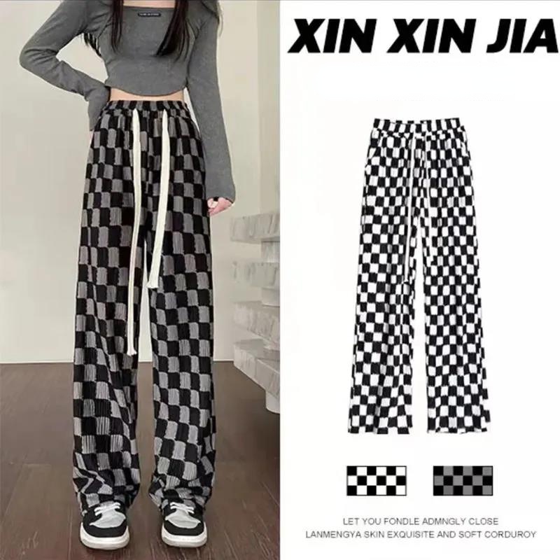 Quần ống rộng Lưng Cao Họa Tiết Sọc Caro Trắng Đen Thời Trang Xuân Thu Cho Nữ