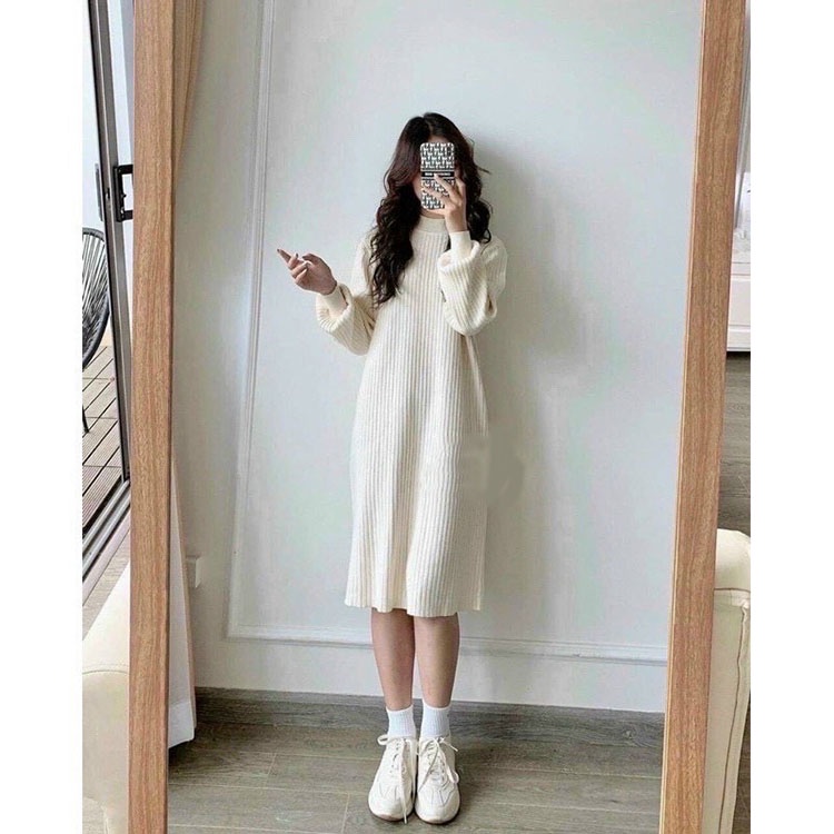 Đầm len tăm dáng suông cổ cao Váy dài form rộng tay bo chun 3 màu giữ nhiệt tốt