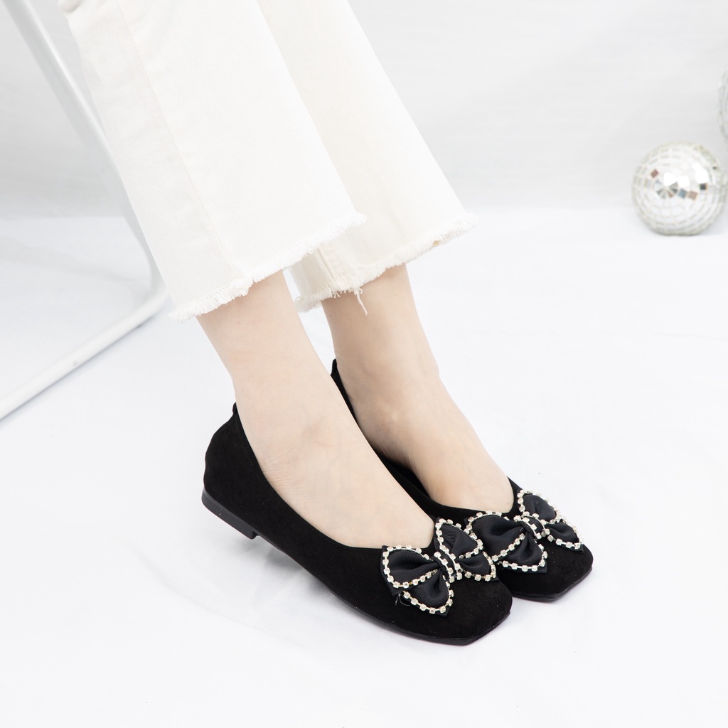 Giày MWC 2258 - Giày Búp Bê Đế, Mũi Vuông Đính Nơ Màu Đen Xinh Xắn