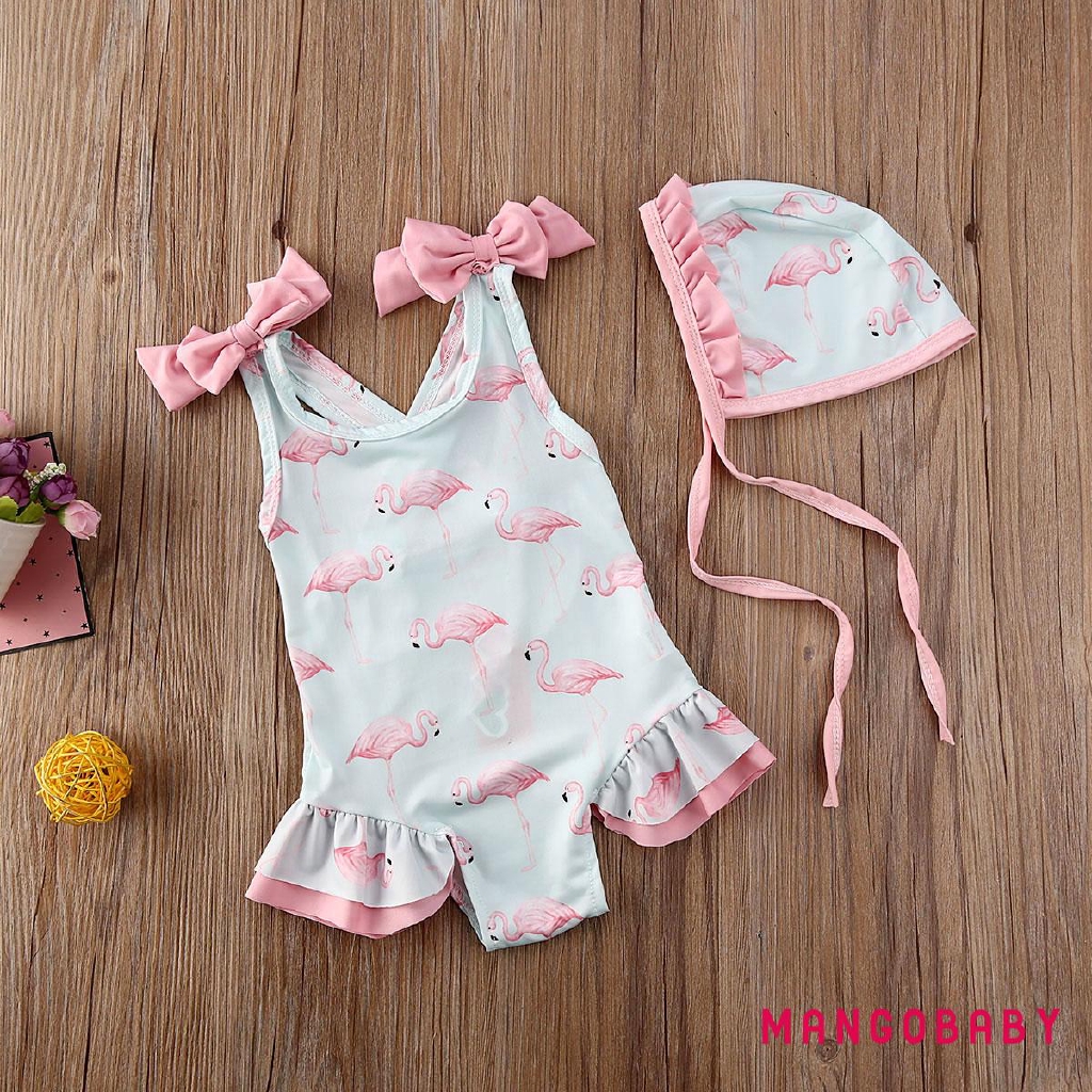 ♬MG♪-Toddler Baby Kid Girl Flamingo Swimwear Swimsuit Beach Romper Clothes Hat Outfit